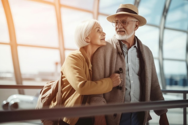 Casal sênior no terminal do aeroporto Conceito de viagem Generative AI