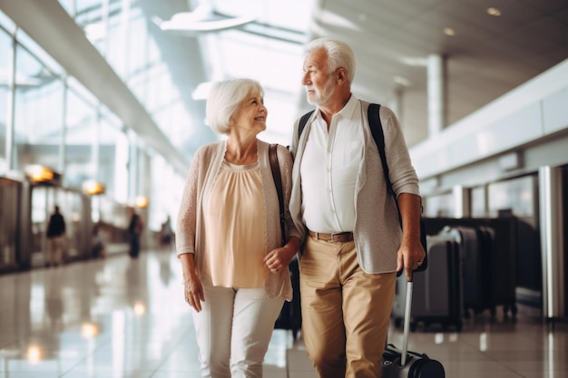 Casal sênior no terminal do aeroporto Conceito de viagem Generative AI