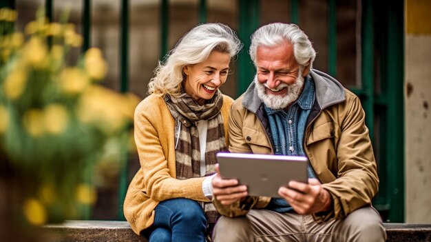 Foto casal sênior rindo usando um computador tablet enquanto está sentado em um banco de idosos com tecnologia moderna the generative ai