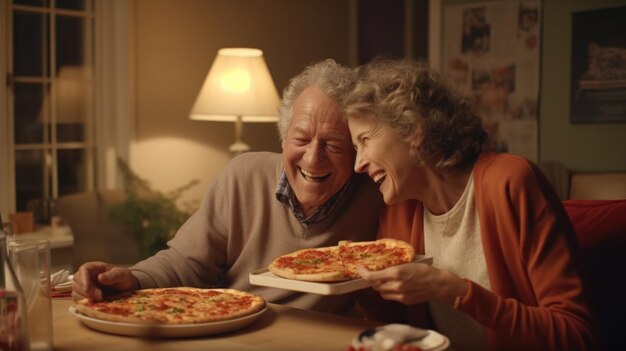 Casal sênior se divertindo juntos comendo pizza em casa compartilhando a mesma fatia gerada pela IA