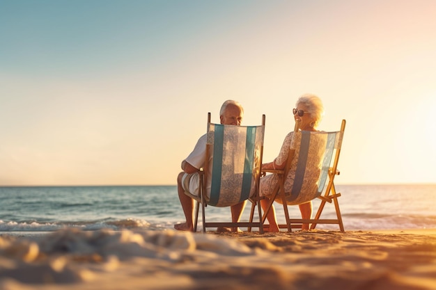 Casal sênior sentado em cadeiras e assistindo o pôr do sol na praia