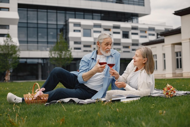 Casal sênior sentado em um cobertor em um piquenique no verão e bebendo um vinho