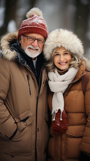 Casal sênior sorrindo no inverno gerado por IA