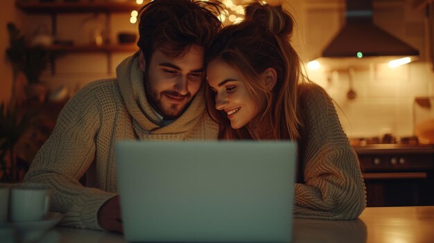 Foto casal sentado ao lado da lareira à noite olhando para a tela do laptop cena romântica da noite