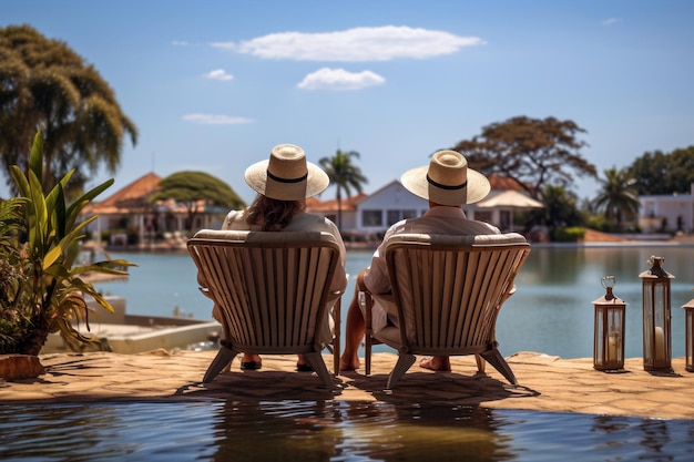 Casal sentado em espreguiçadeiras à beira da piscina em resort de luxo Vista traseira