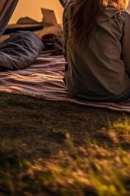 Foto casal sentado em um acampamento perto do lago