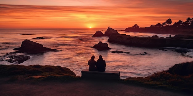 Casal sentado na costa da Califórnia ao pôr do sol