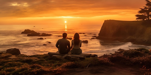 Casal sentado na costa da Califórnia ao pôr do sol