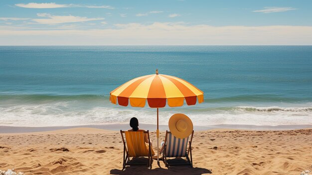 Casal sentado na praia com guarda-sol e guarda-chuva