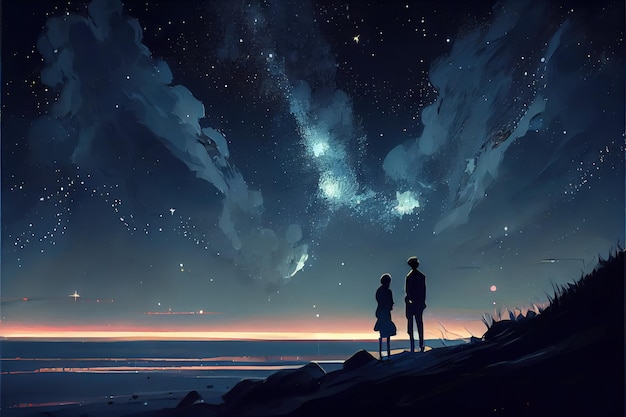 Casal sob um céu estrelado em Ghibli Art