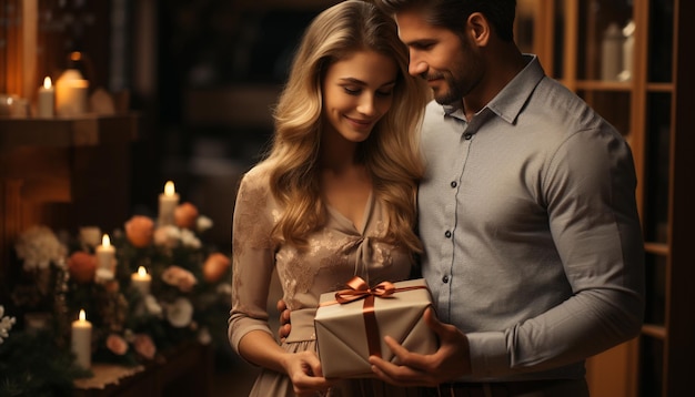 Foto casal sorridente abraça o amor celebrando o natal juntos gerado pela ia