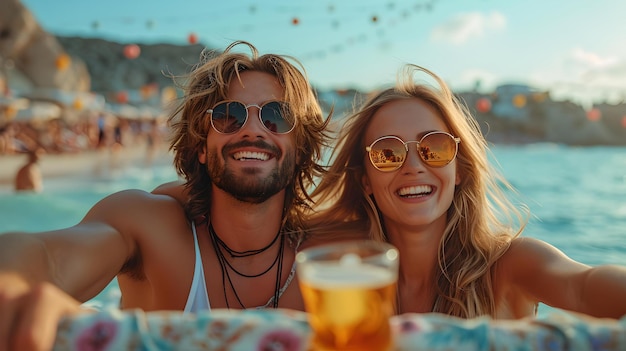 Casal sorridente aproveitando um dia de praia com bebidas refrescantes ao pôr do sol, capturando momentos alegres juntos AI