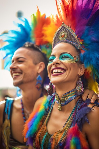 Foto casal sorridente celebrando a parada do orgulho gay lgbtq no mês do orgulho gay de são paulo no brasil