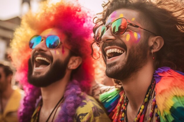 Casal sorridente celebrando a Parada do Orgulho Gay LGBTQ no Mês do Orgulho Gay de São Paulo no Brasil