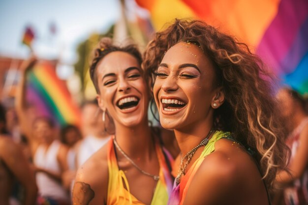 Casal sorridente celebrando a Parada do Orgulho Gay LGBTQ no Mês do Orgulho Gay de São Paulo no Brasil