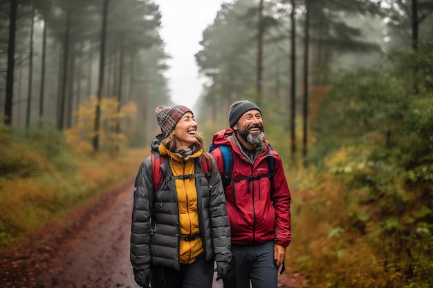 Casal sorridente de meia-idade de caminhantes está curtindo o ar da floresta