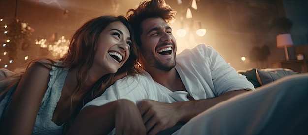 Foto casal sorridente de pijama jogando videogame juntos no chão em casa