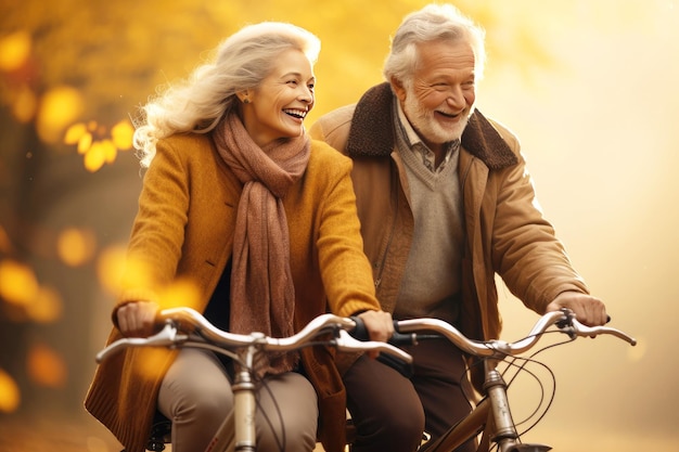 Casal sorridente saboreando um passeio de bicicleta em seus anos dourados no outono