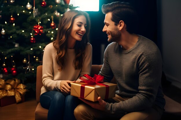 casal sorridente sentado na frente da árvore de Natal com presentes IA generativa