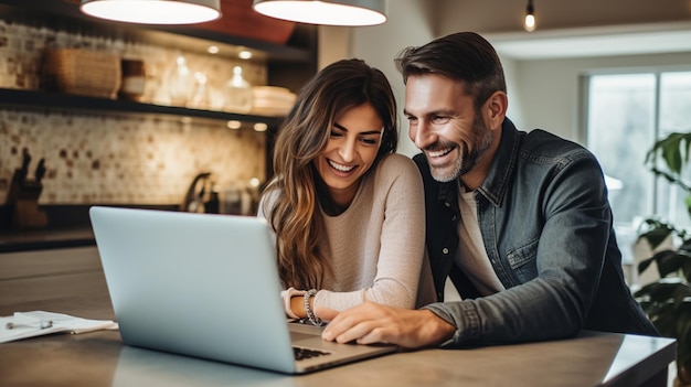 casal sorridente trabalhando em laptop enquanto está sentado em casa