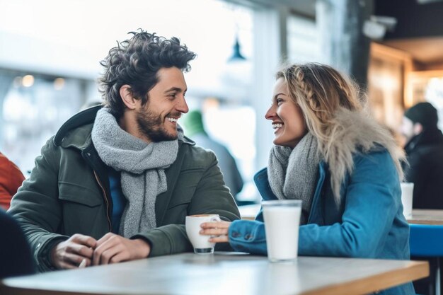 Foto casal sorrindo um ao outro em um café com uma xícara de café e uma caneca de café