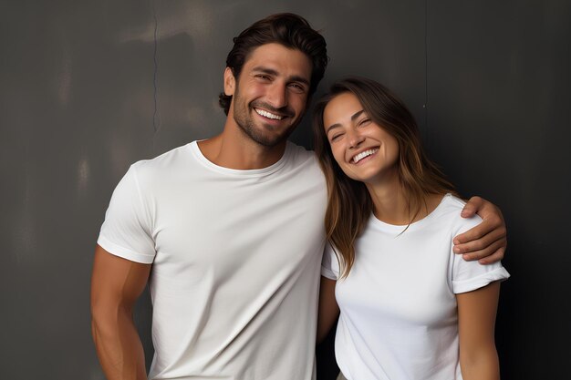 Casal sorrindo vestindo camisetas brancas em fundo cinzento