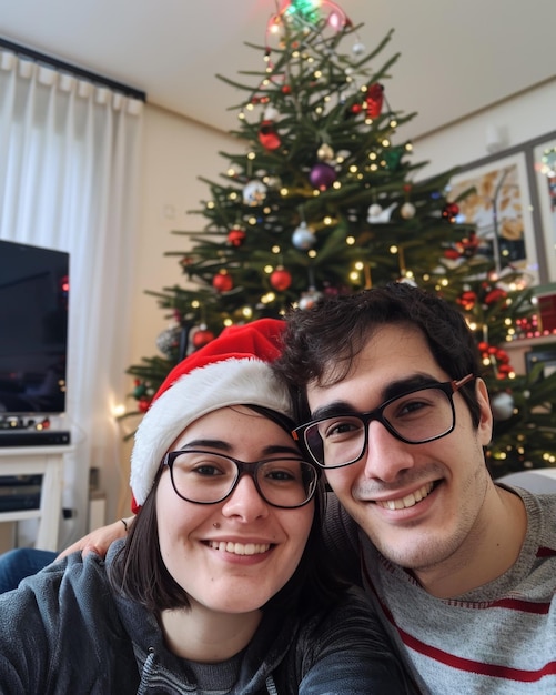 Casal tirando selfie em frente à árvore de natal