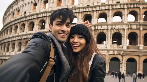 Casal tirando uma selfie em frente ao coliseu