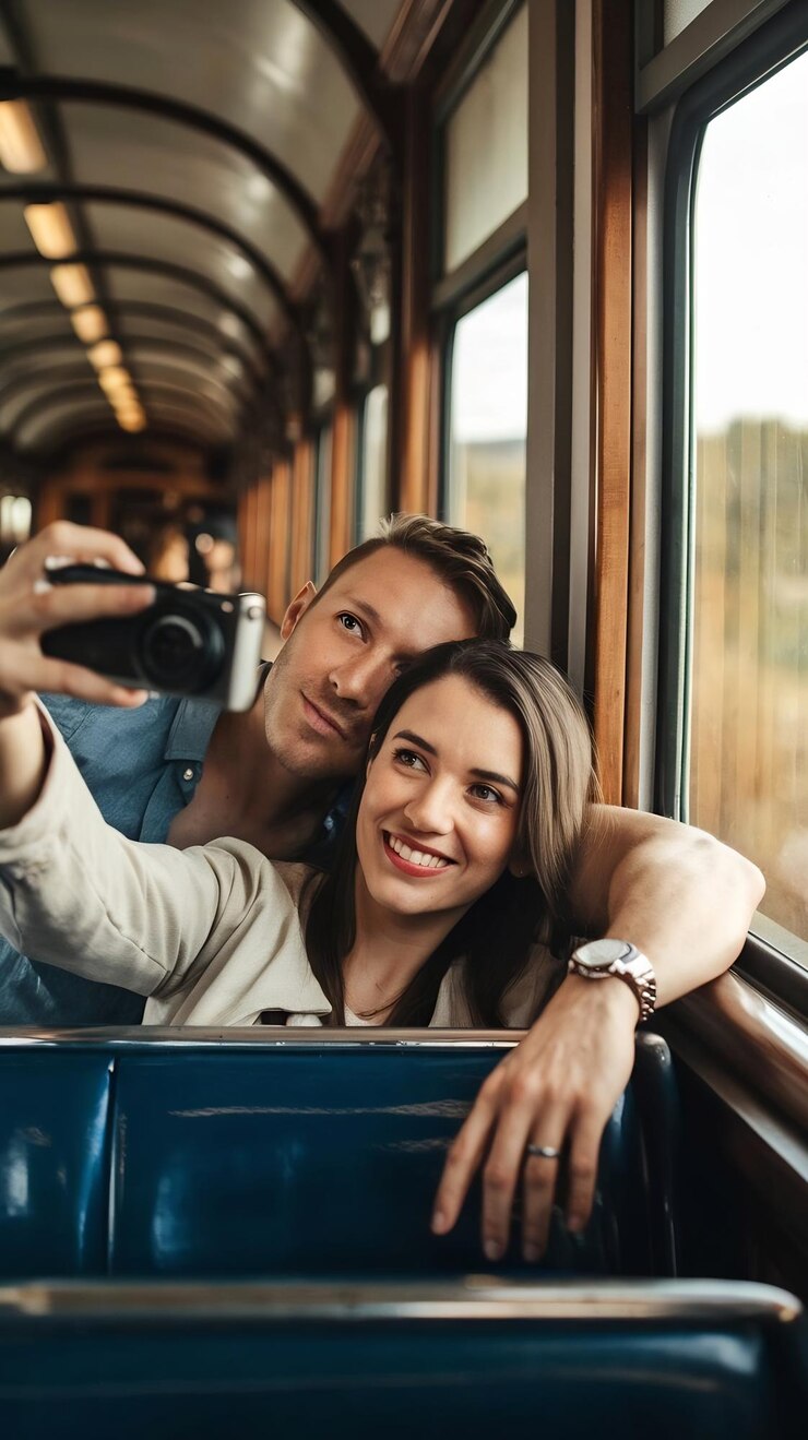 Foto casal tirando uma selfie enquanto viaja de trem