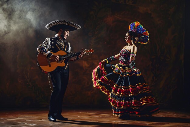 casal tocando guitarra e dançando em trajes tradicionais mexicanos Cinco de Mayo conceito