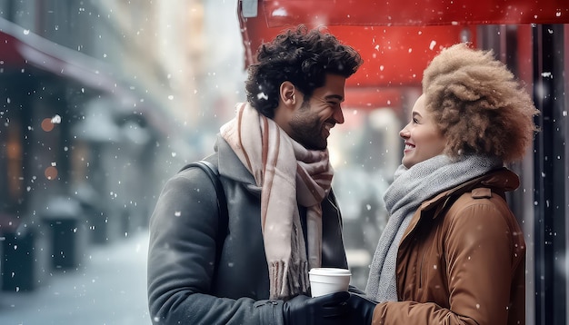 Casal tomando café juntos na cidade no inverno