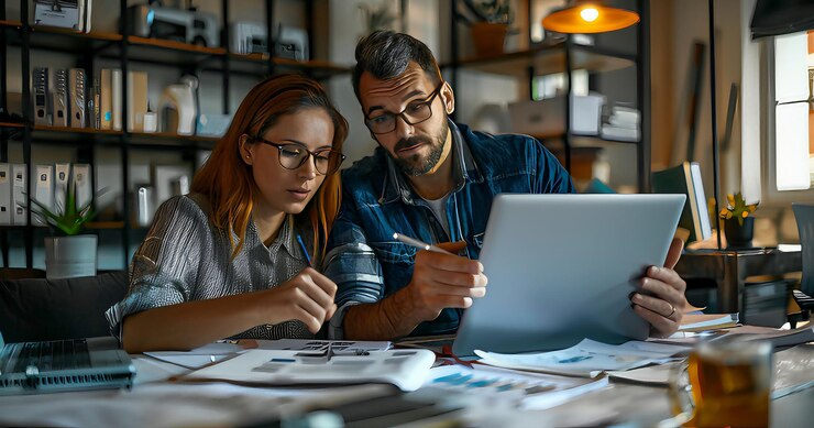 Foto casal trabajando juntos en la oficina en casa