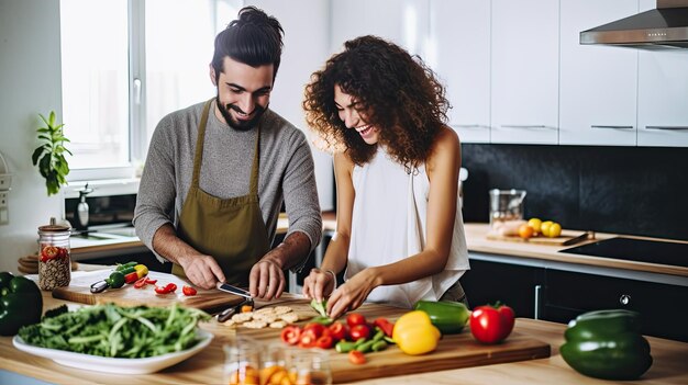 Foto casal vegano feliz homem e mulher cozinhando juntos