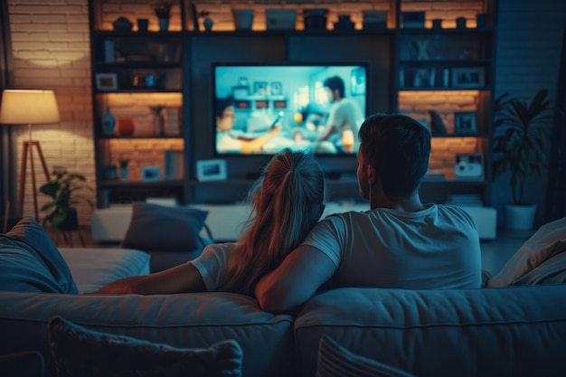 Foto casal vendo tv em uma sala de estar aconchegante à noite iluminado pela tela e iluminação ambiente