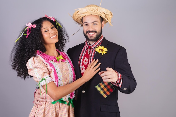 Foto casal vestindo roupas típicas da festa junina arraial festa de são joão apontando para a câmera