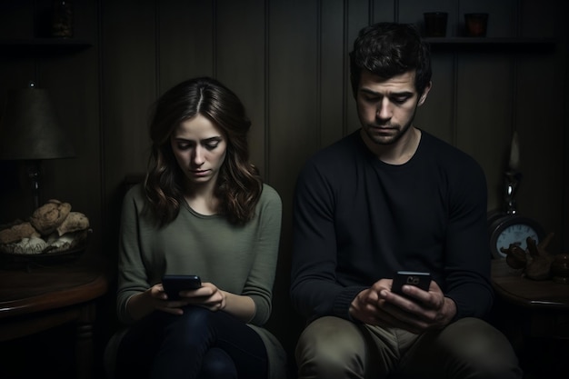 Casal viciado em smartphone se ignorando Ai generativa