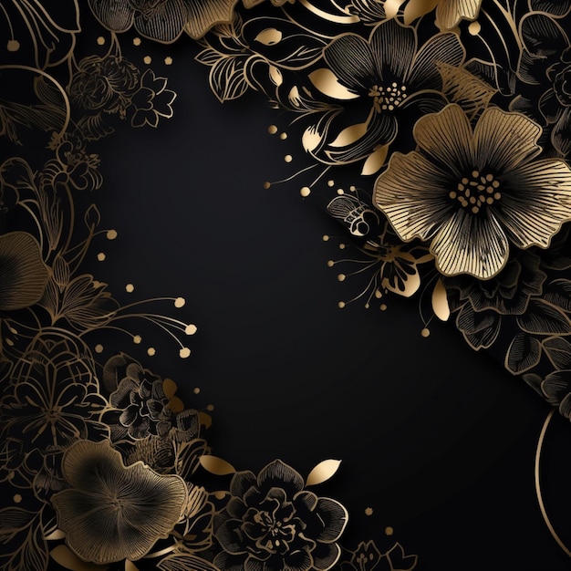 Casamento 3D flores de rosas douradas moldura fundo preto AI arte gerada
