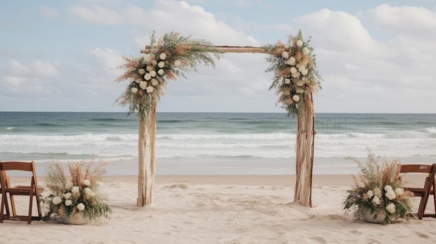 Casamento à beira-mar com um arco de madeira