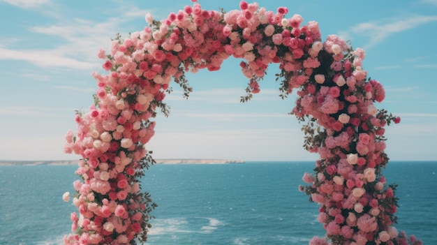 Casamento ao ar livre com arco floral rosa rosa