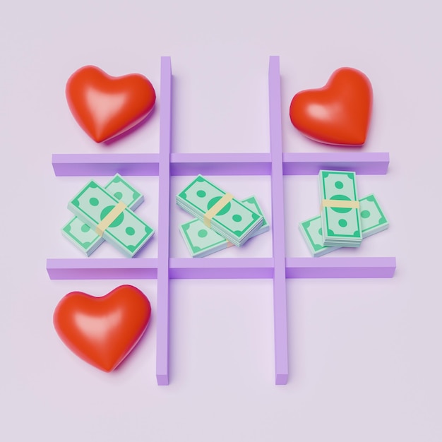 Casamento de conveniência Um jogo de tictactoe com corações e dinheiro O dinheiro vence o amor 3d render