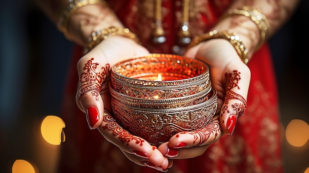 casamento indiano mehandi ornamento reflexivo colorido de hena mãos