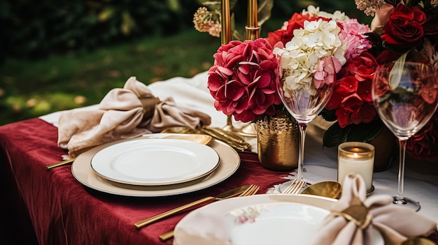Casamento ou jantar formal Celebração de férias Paisagem de mesa com flores de hortênsia em inglês
