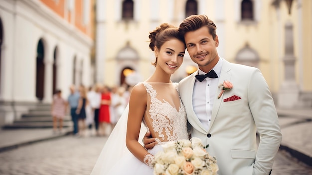 Casamento retrato de recém-casados felizes um homem e uma mulher se abraçando depois da cerimônia de casamento Bela noiva e noivo