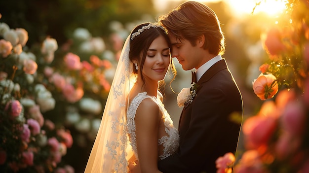 Foto casarse al atardecer una pareja abrazándose en medio de rosas en flor perfecto para el romance y el amor y la hora de oro