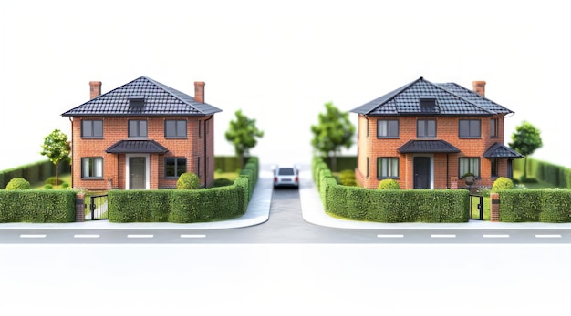 Casas en 3D con jardín sobre fondo blanco