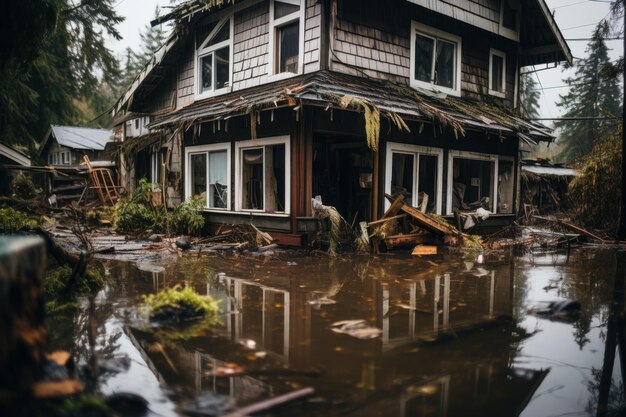 Casas abandonadas e inundadas después de la inundación generativa del tsunami