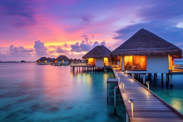 Casas de agua tropical villas resort en la isla de Maldivas en vacaciones de verano pintorescas puestas de sol de verano en las Maldivas villas de lujo resort paisaje marítimo con suaves luces led bajo un cielo colorido AI generado