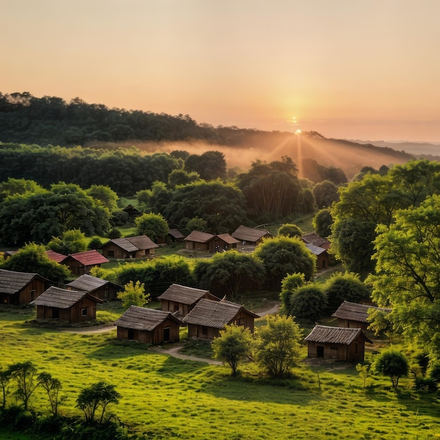 casas de la aldea en el bosque durante la fotografía del atardecer