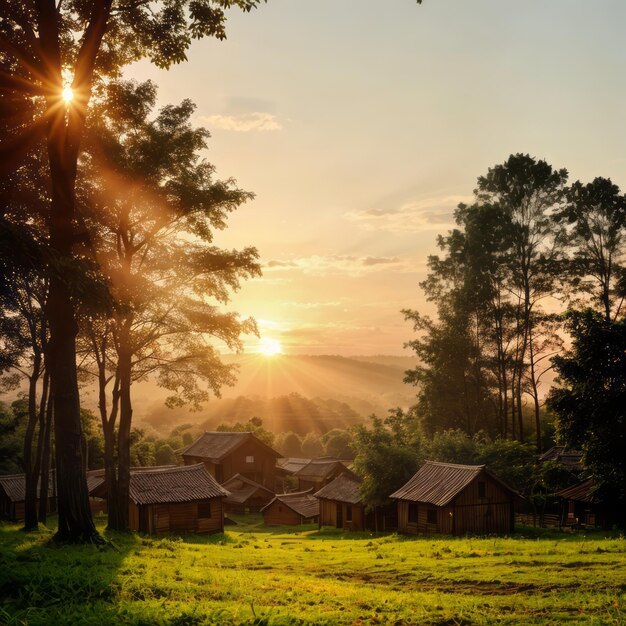 casas de la aldea en el bosque durante la fotografía del atardecer