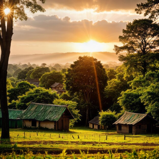 Foto casas de la aldea en el bosque durante la fotografía del atardecer